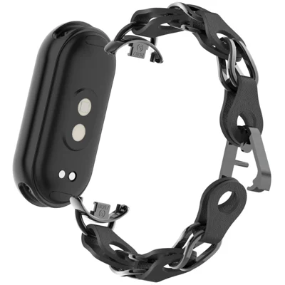 For Xiaomi Smart Band 9 / 8 Watch Band Fashion Hollow Out Zinc Alloy + Leather Chain Strap - Black