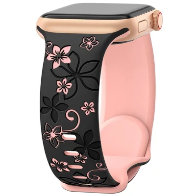 For Apple Watch Ultra 4 3 2 1 49mm / Series 12 11 10 46mm / 9 8 7 45mm / SE3 SE2 SE 6 5 4 44mm / 3 2 1 42mm Silicone Floral Band - Black  /  Pink