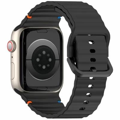 Silicone Strap for Apple Watch Ultra 4 3 2 1 49mm / Series 12 11 10 46mm / 9 8 7 45mm / SE3 SE2 SE 6 5 4 44mm / 3 2 1 42mm Wave Band - Black