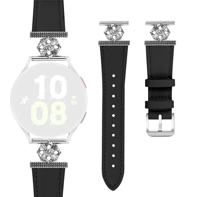 For Garmin vivoactive 5 / Garminactive 5 Watch Band Genuine Cow Leather Flower Decor Adjustable Strap - Black
