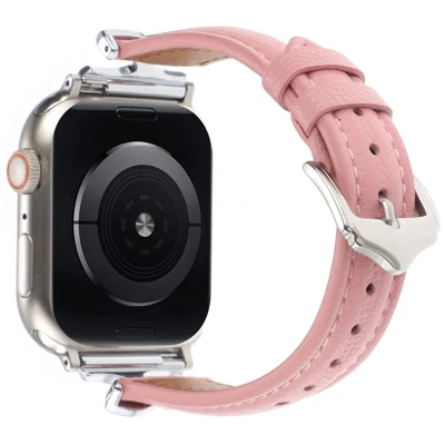 For Apple Watch Series 12 11 10 42mm / 9 8 7 41mm / SE3 SE2 SE 6 5 4 40mm / 3 2 1 38mm Watch Band Genuine Leather - Silver / Pink