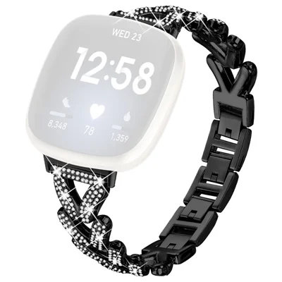 Zinc Alloy Twisted Watch Band Rhinestone Decor for Fitbit Versa 4  /  Fitbit Sense 2 Watch Strap - Black