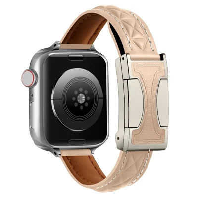 Genuine Leather Watch Band For Apple Watch Ultra 4 3 2 1 49mm / Series 12 11 10 46mm / 9 8 7 45mm / SE3 SE2 SE 6 5 4 44mm / 3 2 1 42mm Strap with Magnetic Double C Buckle - Apricot