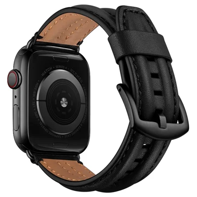 Bulk Purchasing Rugged Genuine Leather Watch Band For Apple Watch Ultra 3 2 1 49mm / Series 11 10 46mm / 9 8 7 45mm / SE3 SE2 SE 6 5 4 44mm / 3 2 1 42mm - Black