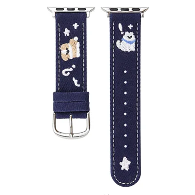 Denim Watch Band for Apple Watch Series 12 11 10 42mm / 9 8 7 41mm / SE3 SE2 SE 6 5 4 40mm / 3 2 1 38mm Embroidered Dog Star Strap - Dark Blue