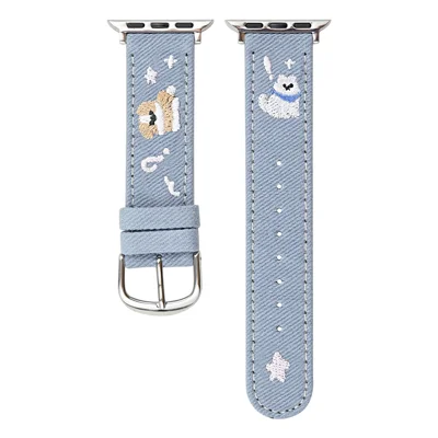 Denim Watch Band for Apple Watch Ultra 4 3 2 1 49mm / Series 12 11 10 46mm / 9 8 7 45mm / SE3 SE2 SE 6 5 4 44mm / 3 2 1 42mm Embroidered Dog Star Strap - Blue