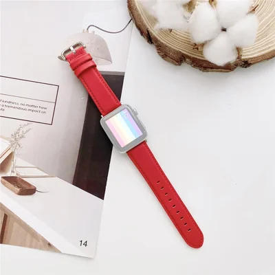 Solid Color Genuine Leather Watch Band for Apple Watch Series 12 11 10 42mm / 9 8 7 41mm / SE3 SE2 SE 6 5 4 40mm / 3 2 1 38mm - Red