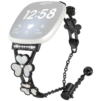 For Fitbit Versa 3 / Sense Watchband Heart Clover Decor Zinc Alloy Metal Strap - Black