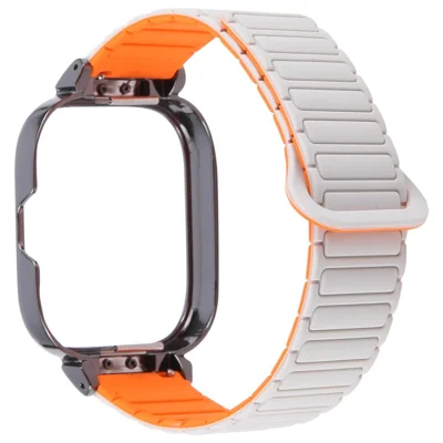 For Xiaomi Redmi Watch 5 / 4 Metal Black Frame Integrated Magnetic Silicone Watch Band - White+Orange