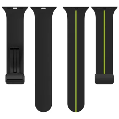 KALEBOL Magnetic Silicone Strap for Apple Watch Series 12 11 10 42mm / 9 8 7 41mm / SE3 SE2 SE 6 5 4 40mm / 3 2 1 38mm Stripe Watch Band - Black+Lime