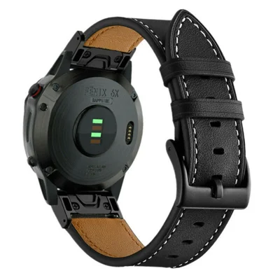 For Garmin Fenix 8 47mm / E 47mm Leather Watch Band 22mm Stitching Line Design Wrist Strap - Black