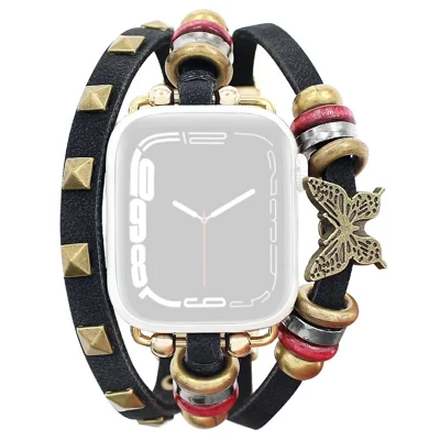 Leather Bracelet Strap for Apple Watch Ultra 4 3 2 1 49mm / Series 12 11 10 46mm / 9 8 7 45mm / SE3 SE2 SE 6 5 4 44mm / 3 2 1 42mm Rivet Decor Watch Band - Black