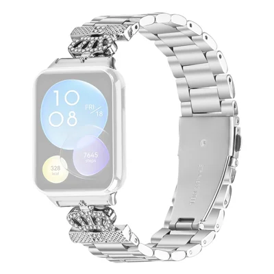 For Xiaomi Smart Band 10 Pro / 9 Pro / 8 Pro / Redmi Watch 6 / 5 / 4 Stainless Steel Strap Crown Shape Rhinestone Decor Silver Watch Band