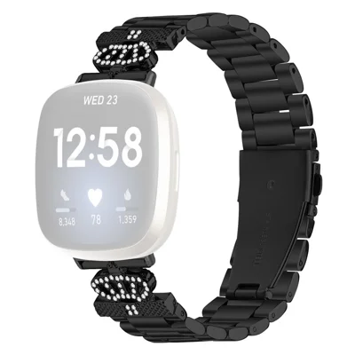 Stainless Steel Strap for Fitbit Versa 4 / Sense 2 Crown Shape Rhinestone Decor Watch Band - Black