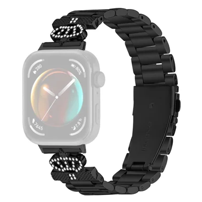 For Huawei Watch Fit 3 Stainless Steel Strap Crown Shape Rhinestone Decor Watch Band - Black
