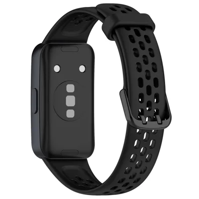 شريط ساعة سيليكون لساعة Huawei Band 10 NFC / 10 / 9 NFC / 9 / 8 NFC / 8، شريط معصم مثقب وقابل للتهوية - أسود