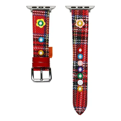 Denim Watch Band for Apple Watch Series 12 11 10 42mm / 9 8 7 41mm / SE3 SE2 SE 6 5 4 40mm / 3 2 1 38mm Dopamine Flower Strap - Red Plaid