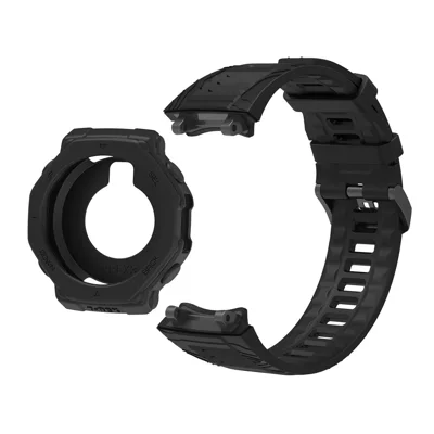 For Huami Amazfit T-Rex 3 Silicone Replacement Strap Watch Band with Protective Case - Black