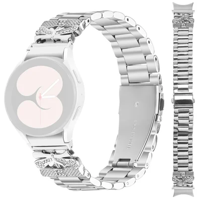 Metal Strap with Connector for Samsung Galaxy Watch6 40mm / 44mm / Watch6 Classic 43mm / 47mm Butterfly Rhinestones Decor Silver Watch Band