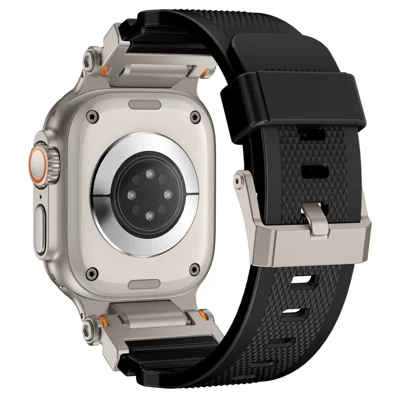 Watch Strap for Apple Watch Ultra 4 3 2 1 49mm / Series 12 11 10 46mm / 9 8 7 45mm / SE3 SE2 SE 6 5 4 44mm / 3 2 1 42mm Silicone Band with Titanium Color Connector - Black