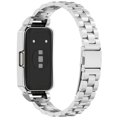إطار معدني لحالة ساعة Huawei Band 10 / 10 NFC / 9 / 9 NFC / 8 / 8 NFC مع سوار معدني متكامل من ثلاث حبات من الفولاذ المقاوم للصدأ - فضي