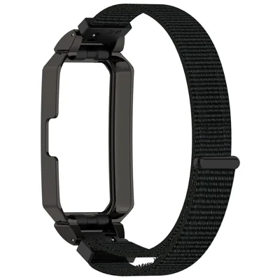 حزام ساعة لسوار Huawei Band 10 / 10 NFC / 9 / 9 NFC / 8 / 8 NFC بحزام نايلون بمشبك سحري مع غطاء معدني - أسود+أسود