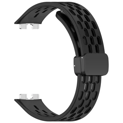 Silicone Watch Band for Huawei Band 10 / 10 NFC / 9 / 9 NFC / 8 / 8 NFC Holes Design Breathable Magnetic Buckle Strap - Black