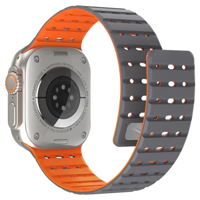 AHASTYLE WE33 Watch Band For Apple Watch Ultra 4 3 2 1 49mm / Series 12 11 10 46mm / 9 8 7 45mm / SE3 SE2 SE 6 5 4 44mm / 3 2 1 42mm Magnetic Silicone Strap - Grey + Orange