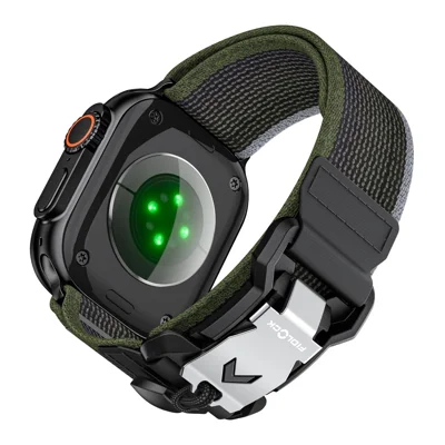Watch Strap for Apple Watch Ultra 4 3 2 1 49mm / Series 12 11 10 46mm / 9 8 7 45mm / SE3 SE2 SE 6 5 4 44mm / 3 2 1 42mm Nylon Band with Metal FIDLOCK - Black / Green