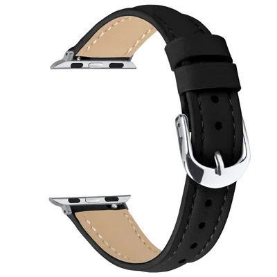 Watch Band For Apple Watch Ultra 4 3 2 1 49mm / Series 12 11 10 46mm / 9 8 7 45mm / SE3 SE2 SE 6 5 4 44mm / 3 2 1 42mm Genuine Cow Leather Strap with Silver Buckle - Black