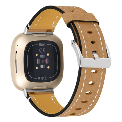 Replacement Genuine Leather Smart Watch Strap Cowhide Wrist Band for Fitbit Versa 3/Sense - Coffee