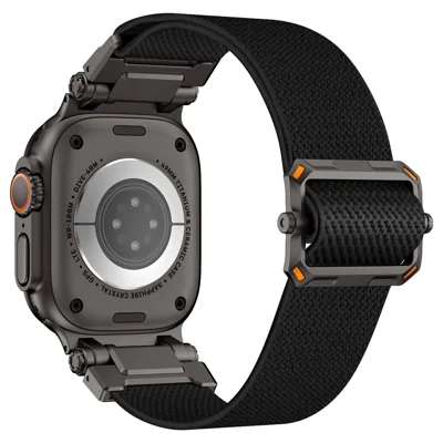 Wrist Band for Apple Watch Ultra 4 3 2 1 49mm / Series 12 11 10 46mm / 9 8 7 45mm / SE3 SE2 SE 6 5 4 44mm / 3 2 1 42mm Black Metal Connector Nylon Watch Strap - Black