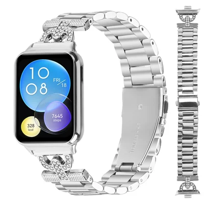 Watch Strap for Xiaomi Smart Band 10 Pro / 9 Pro / 8 Pro / Redmi Watch 6 / 5 / 4 Silver Metal Band D-Shape Rhinestones Decor 3-Bead