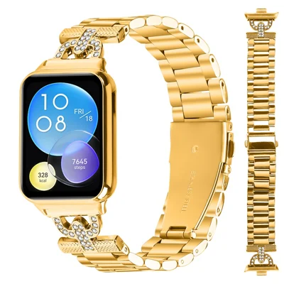 Colored Watch Strap for Xiaomi Smart Band 10 Pro / 9 Pro / 8 Pro / Redmi Watch 6 / 5 / 4 D-Shape Rhinestones Decor 3-Bead Metal Band - Gold