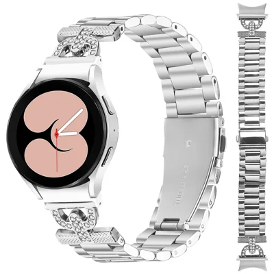 Watch Strap with Connector for Samsung Galaxy Watch6 40mm / 44mm / 6 Classic 43mm / 47mm Silver Metal Band D-Shape Rhinestones Decor