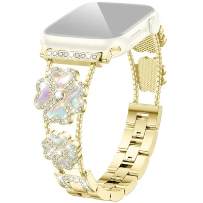 Metal Strap for Apple Watch Ultra 4 3 2 1 49mm / Series 12 11 10 46mm / 9 8 7 45mm / SE3 SE2 SE 6 5 4 44mm / 3 2 1 42mm Heart Clover Decor Watch Band - Gold / Colorful