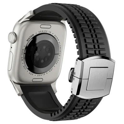 Watch Strap for Apple Watch Ultra 4 3 2 1 49mm / Series 12 11 10 46mm / 9 8 7 45mm / SE3 SE2 SE 6 5 4 44mm / 3 2 1 42mm Folding Buckle Silicone Band - Titanium / Black