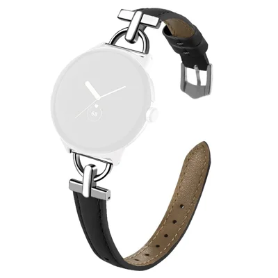 For Google Pixel Watch 5 45mm / Watch 4 45mm / Watch 3 45mm Watch Band Genuine Cow Leather Strap with D Ring Connector - Black