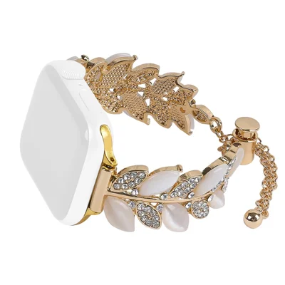 Alloy Watch Band for Apple Watch Apple Watch Ultra 4 3 2 1 49mm / Series 12 11 10 46mm / 9 8 7 45mm / SE3 SE2 SE 6 5 4 44mm / 3 2 1 42mm Leaf Style Rhinestone Decor Strap - Gold