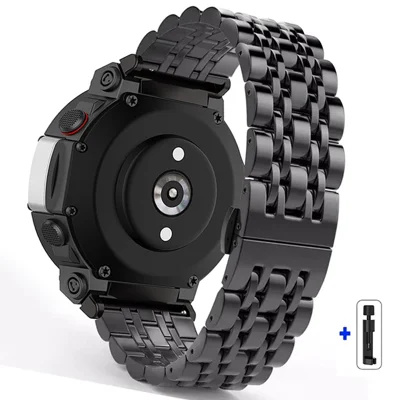 For Huami Amazfit T-Rex 2 Seven-bead Stainless Steel Watch Band with Butterfly Clasp - Black