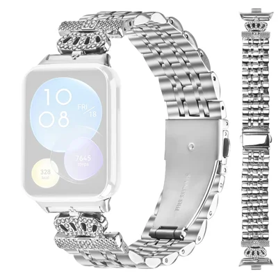 For Xiaomi Smart Band 10 Pro / 9 Pro / 8 Pro / Redmi Watch 6 / 5 / 4 Watch Band 7-Bead Rhinestone Crown Stainless Steel Strap Silver