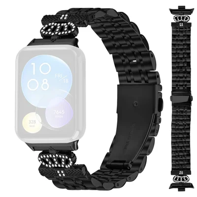For Xiaomi Smart Band 10 Pro / 9 Pro / 8 Pro / Redmi Watch 6 / 5 / 4 Watch Band 7-Bead Rhinestone Crown Stainless Steel Strap - Black