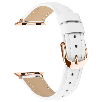 Watch Band for Apple Watch Ultra 4 3 2 1 49mm / Series 12 11 10 46mm / 9 8 7 45mm / SE3 SE2 SE 6 5 4 44mm / 3 2 1 42mm Rose Gold Buckle Slim Leather Strap - White