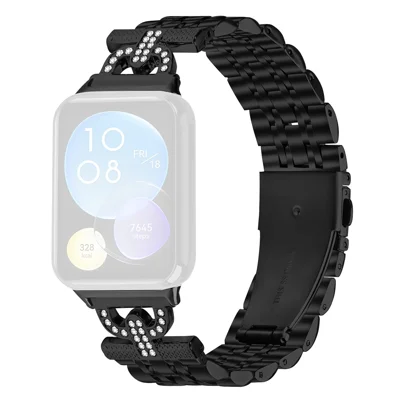 For Xiaomi Smart Band 10 Pro / 9 Pro / 8 Pro / Redmi Watch 6 / 5 / 4 Watch Band 7-Bead D-Shape Rhinestones Decor Stainless Steel Colored Watch Strap - Black