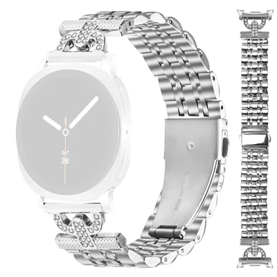 For Samsung Galaxy Watch Ultra2 47mm / Watch Ultra (2025) 47mm / Watch Ultra 47mm Watch Band 7-Bead D-Shape Rhinestones Decor Silver Stainless Steel Strap