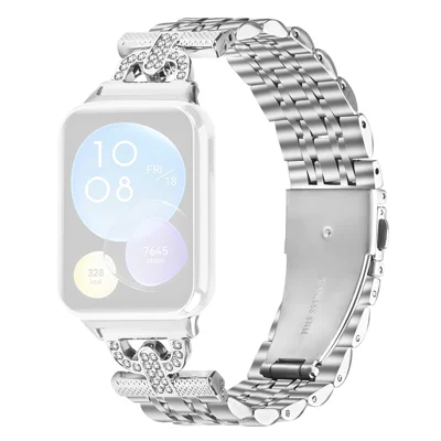 For Xiaomi Smart Band 10 Pro / 9 Pro / 8 Pro / Redmi Watch 6 / 5 / 4 Watch Band 7-Bead D-Shape Rhinestones Decor Silver Stainless Steel Strap