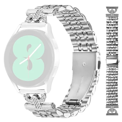 Watch Band for Garmin D2 Air X10 / vivoactive 5 / Venu Sq 2 7-Bead D-Shape Rhinestones Decor Silver Stainless Steel Strap