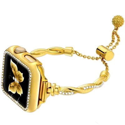 Metal Strap for Apple Watch Series 12 11 10 42mm / 9 8 7 41mm / SE3 SE2 SE 6 5 4 40mm / 3 2 1 38mm Drawstring Design Watch Band Rhinestone Decorated - Gold