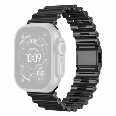 Ocean Wave Watchband for Apple Watch Ultra 4 3 2 1 49mm / Series 12 11 10 46mm / 9 8 7 45mm / SE3 SE2 SE 6 5 4 44mm / 3 2 1 42mm Magnetic Stainless Steel Strap - Black