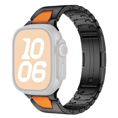 Stainless Steel Watchband for Apple Watch Ultra 4 3 2 1 49mm / Series 12 11 10 46mm / 9 8 7 45mm / SE3 SE2 SE 6 5 4 44mm / 3 2 1 42mm H-Shaped Clasp Strap - Black / Orange